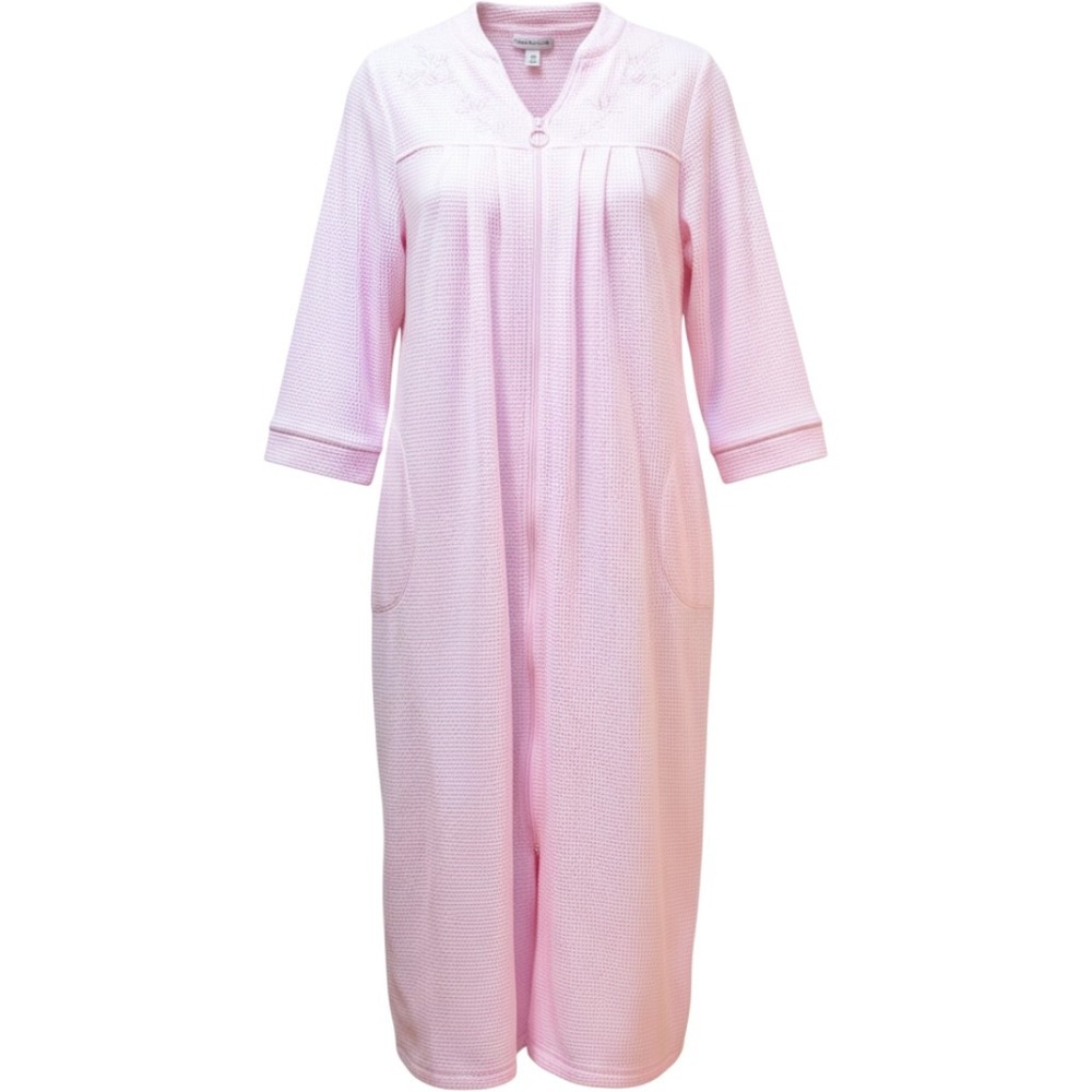 Miss Elaine Robe Women Medium Pink Waffle Knit Zip Front Floral Soft Cozy Robe